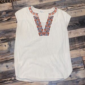 Madewell Beige Striped Embroidered Top with Orange and Blue Embroidery